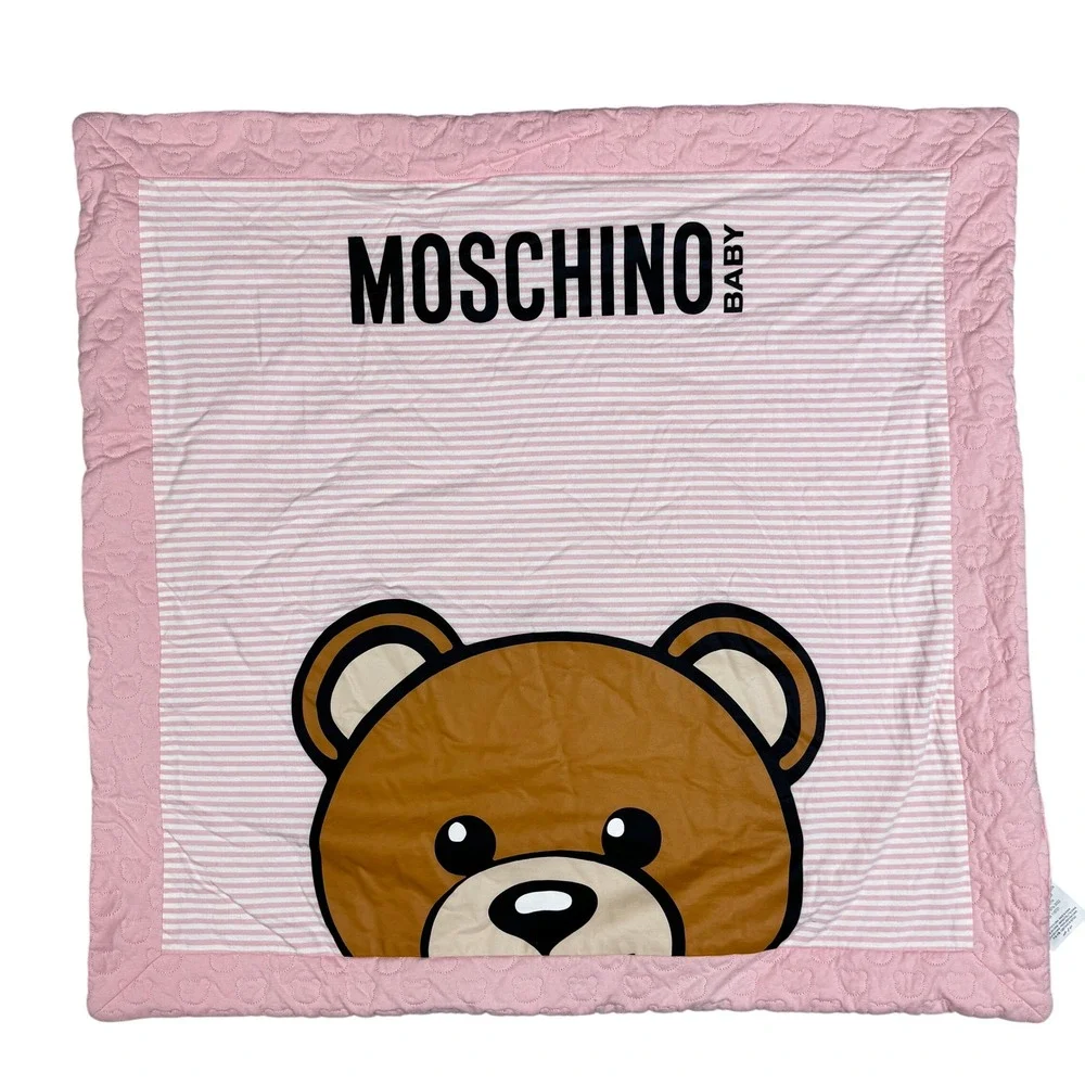Moschino Baby Quilted Blanket Pink Teddy Bear Stripe 100% Cotton One Size